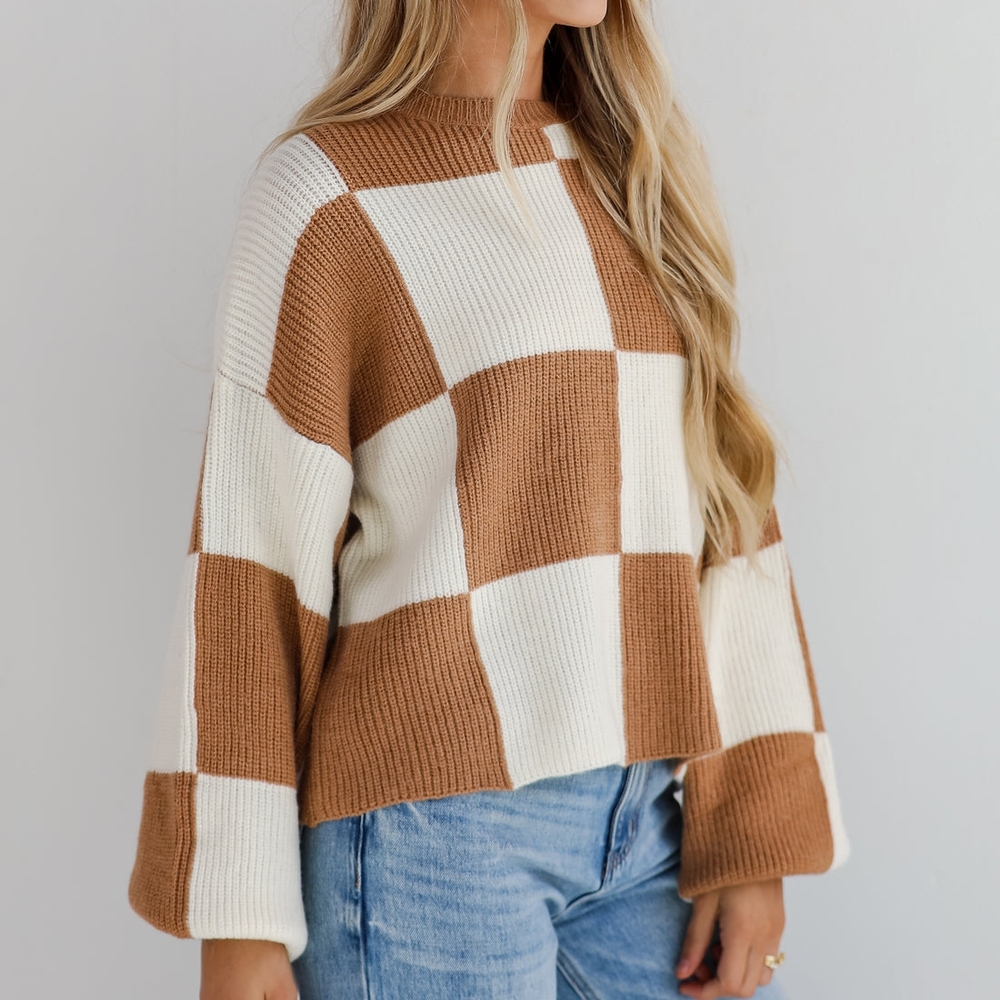 Brown and Cream Checkered Sweater - Picture 4 of 7